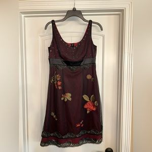 Adrianna Papell maroon with sheer black overlay dress